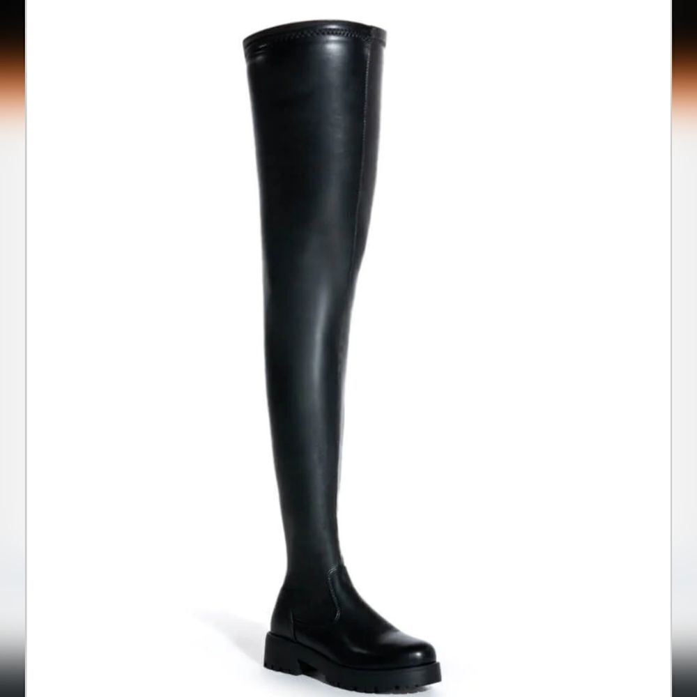New AZALEA WANG SHOES SURGICAL Black Stretch Thigh High Black Boots Chunky Sole